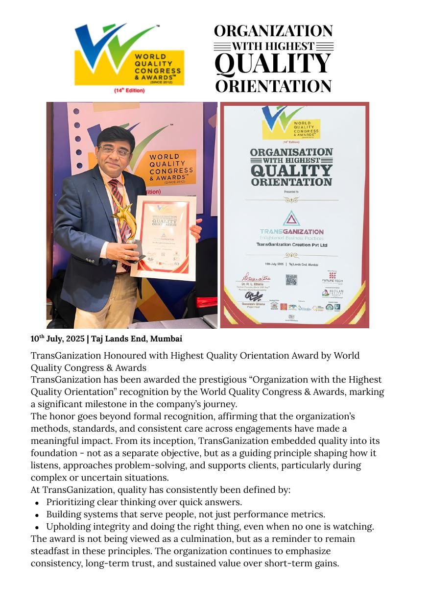 TransGanization receiving the Highest Quality Orientation award at the World Quality Congress and Awards