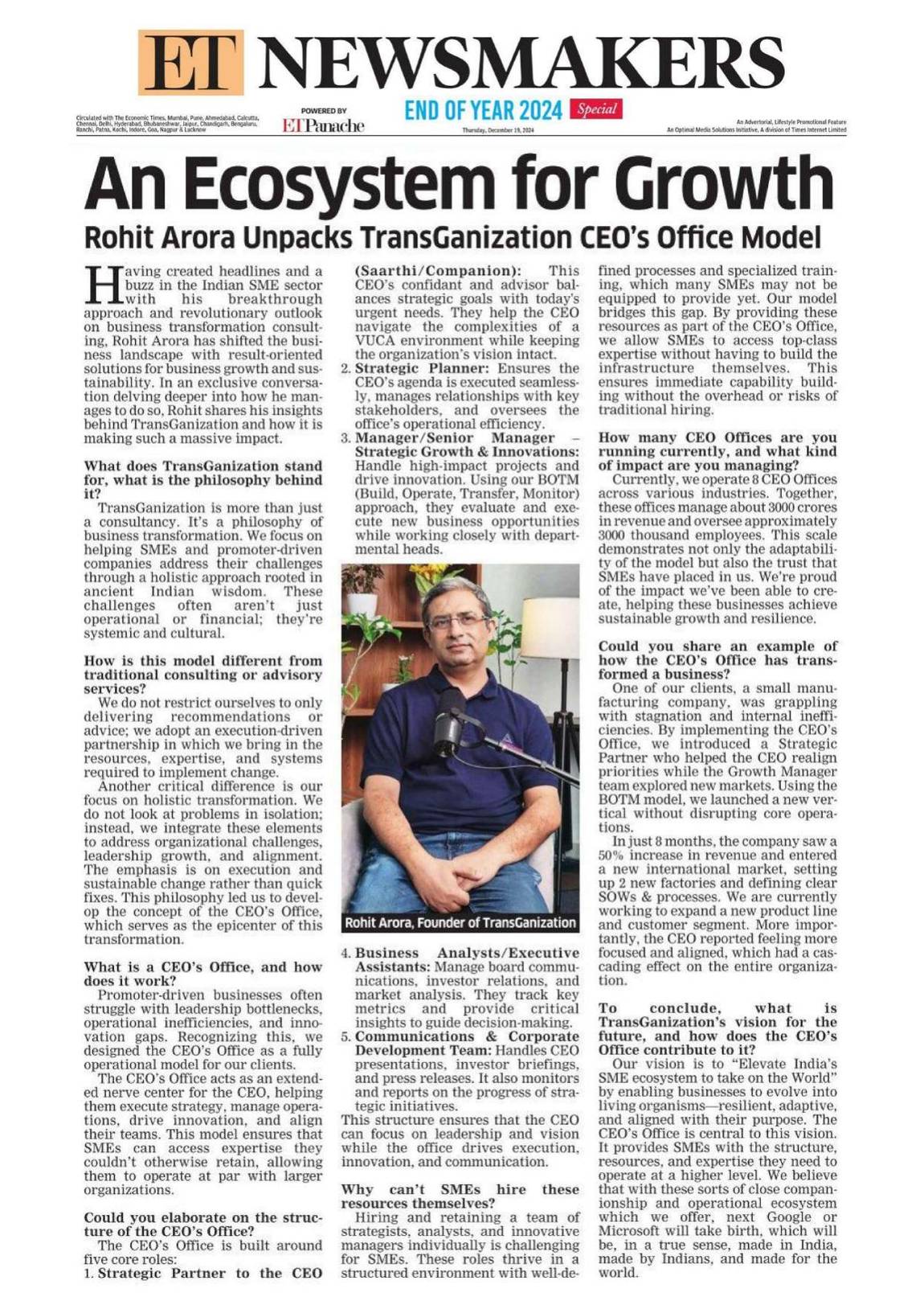 Press feature headlined An Ecosystem for Growth on the TransGanization CEO's Office model