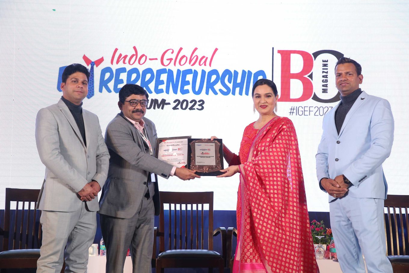 TransGanization receiving the Most Trusted Business Consulting Company recognition at the Indo-Global Entrepreneurship Forum 2023