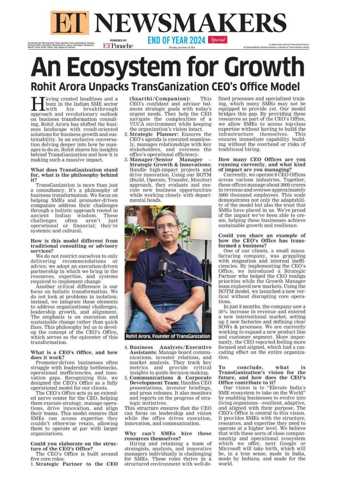 TransGanization featured in The Economic Times ET Newsmakers, December 2024: An Ecosystem for Growth, Rohit Arora on the CEO's Office model