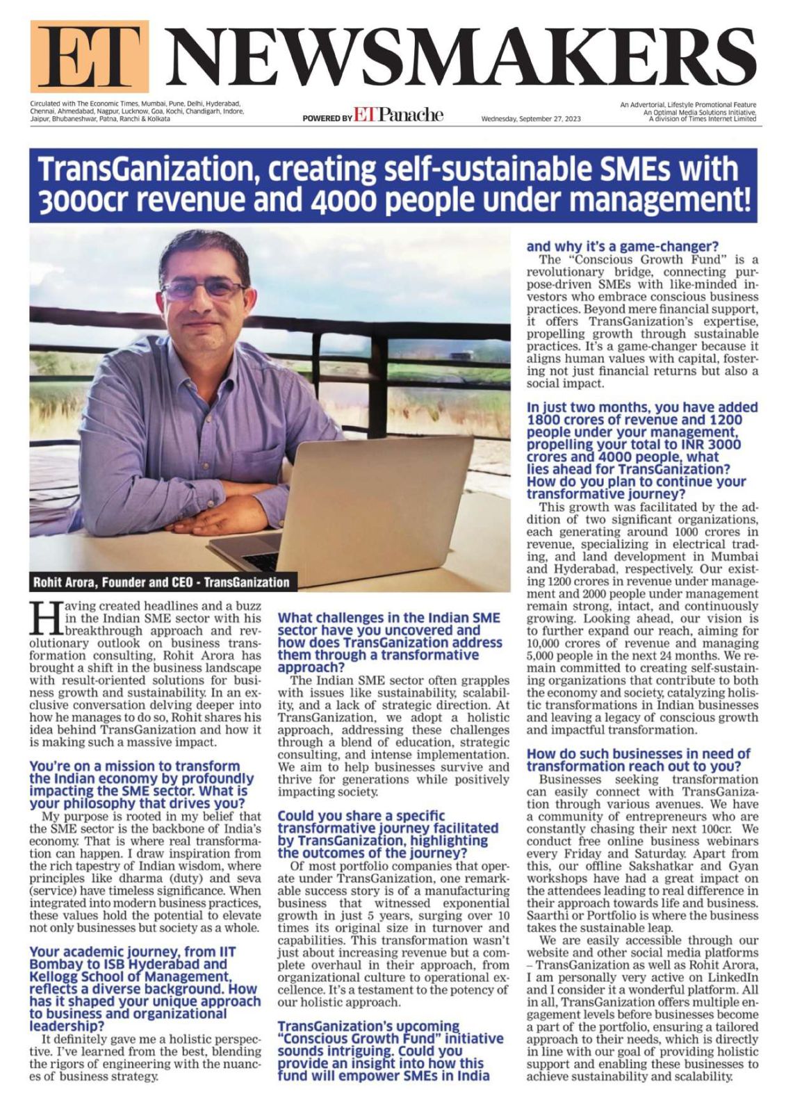 TransGanization featured in The Economic Times ET Newsmakers: Rohit Arora on building self-sustainable businesses